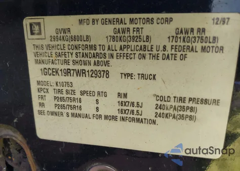 1998 Chevrolet K1500 Fleetside z USA, uszkodzony, nr VIN 1GCEK19R7WR129378